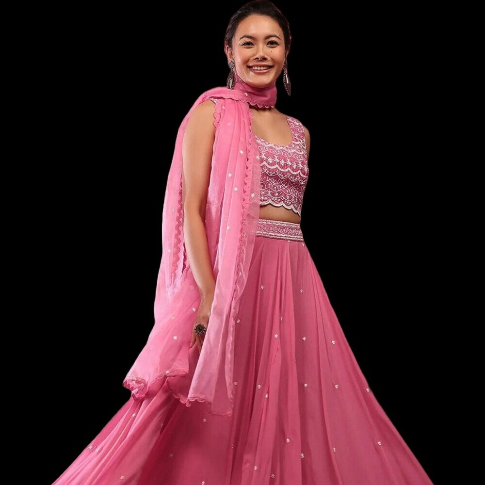 Pink Embroidered Georgette Lehenga